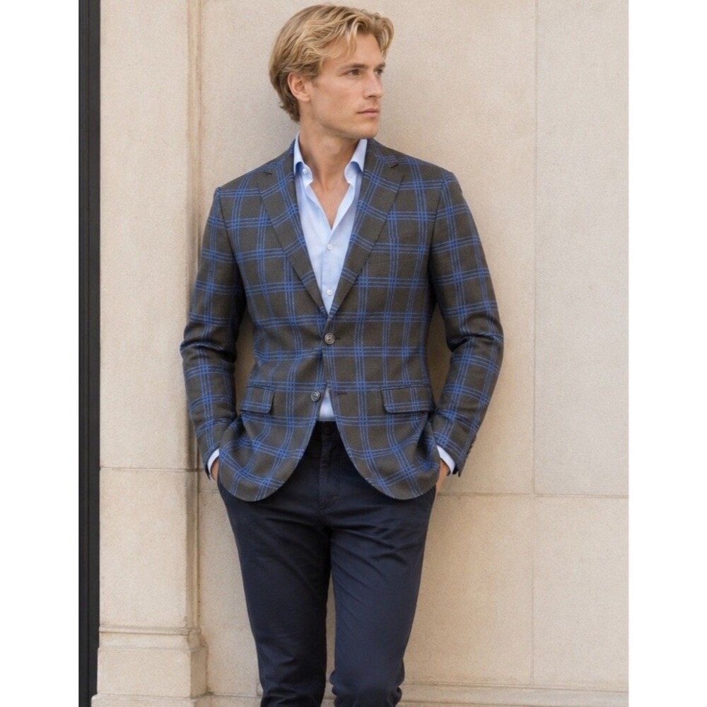 Topman Suit Jacket Black/Navy Windowpane Plaid 36R Skinny Fit Business Casual
